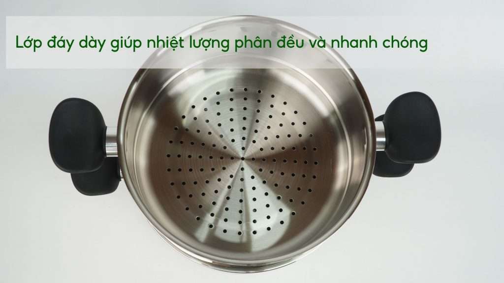 Nồi hấp Inox cao cấp 18_10 Tefal Couscous Primary E3089504, 24cm Lớp đáy dày giúp nhiệt lượng phân đều và nhanh chóng