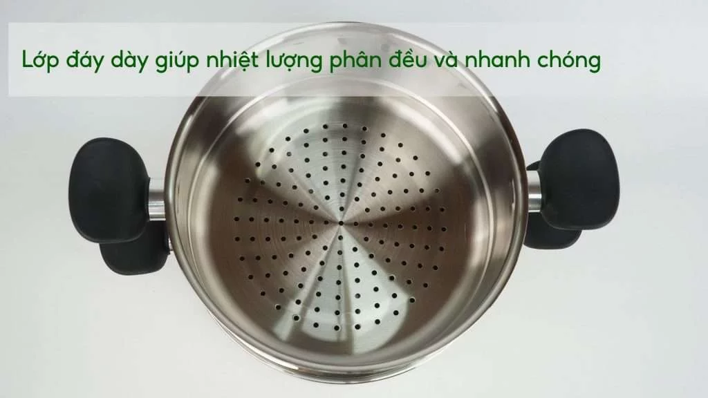 Nồi hấp Inox cao cấp 18_10 Tefal Couscous Primary E3089504, 24cm Lớp đáy dày giúp nhiệt lượng phân đều và nhanh chóng