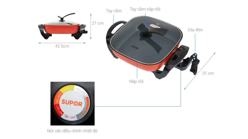 Nồi lẩu điện Supor H30FK802VN 5L - Chi tiết kích thước