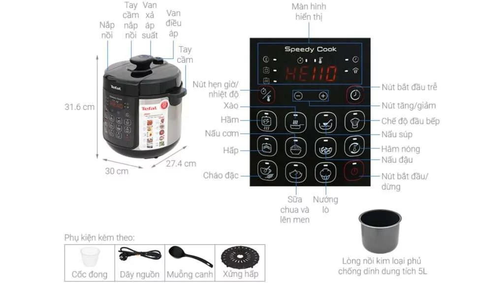 Nồi áp suất điện đa năng Tefal Speedy Cook (CY222D68) - Chi tiết kích thước