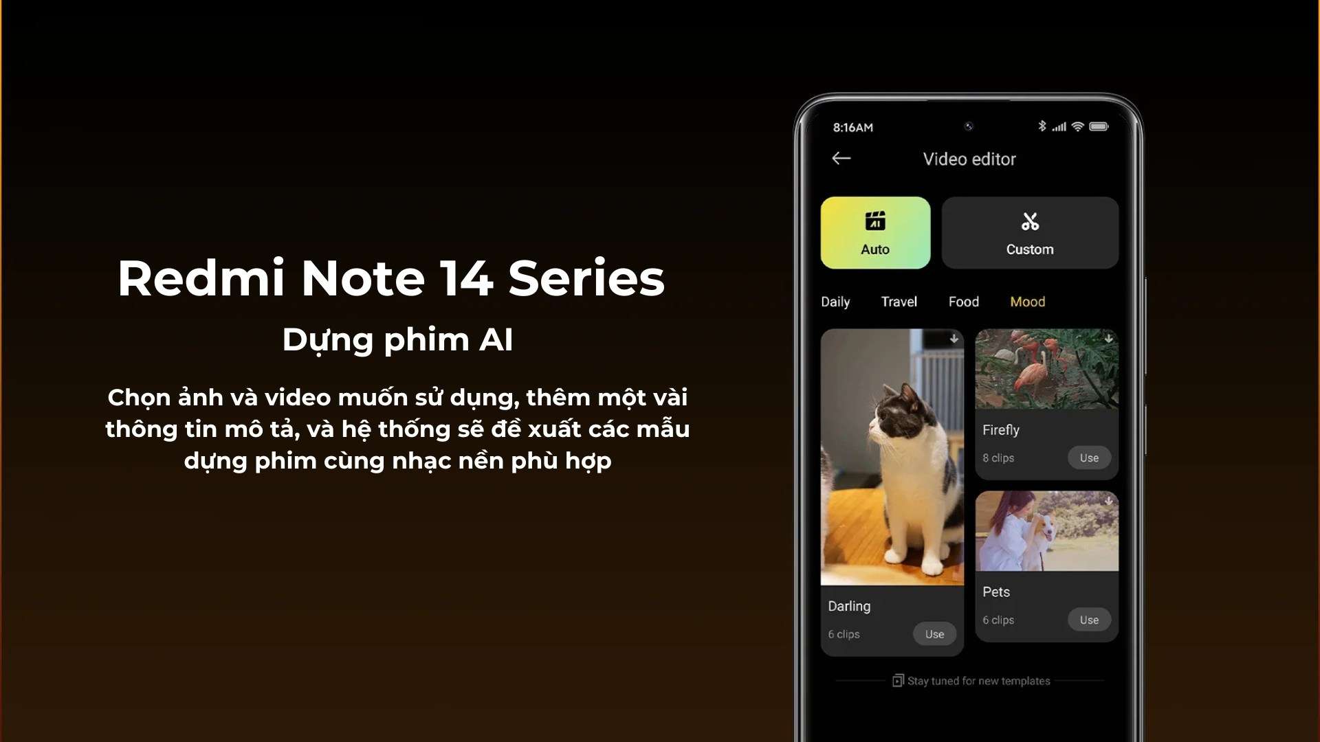 Redmi Note 14 Series Dựng phim AI - Chọn ảnh và video muốn sử dụng, thêm một vài thông tin mô tả, và hệ thống sẽ đề xuất các mẫu dựng phim cùng nhạc nền phù hợp