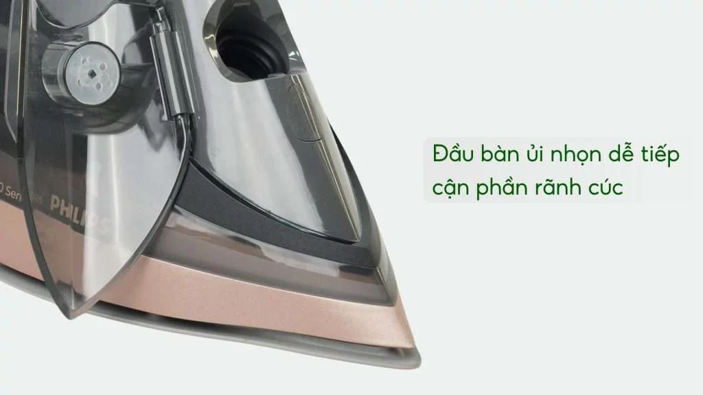 Bàn ủi hơi nước Philips DST8041_80 Đen và vàng đồng Đầu bàn ủi nhọn dễ tiếp cận phần rãnh cúc