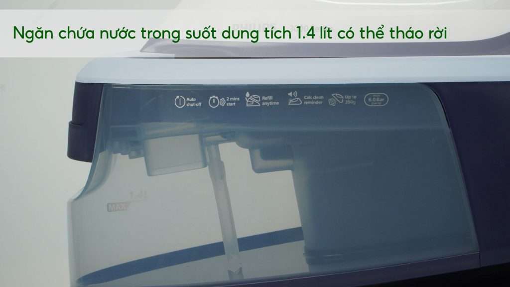 Bàn ủi hơi nước Philips PSG3000_20 Trắng và xanh dư Ngăn chứa nước trong suốt dung tích 1.4 lít có thể tháo rời