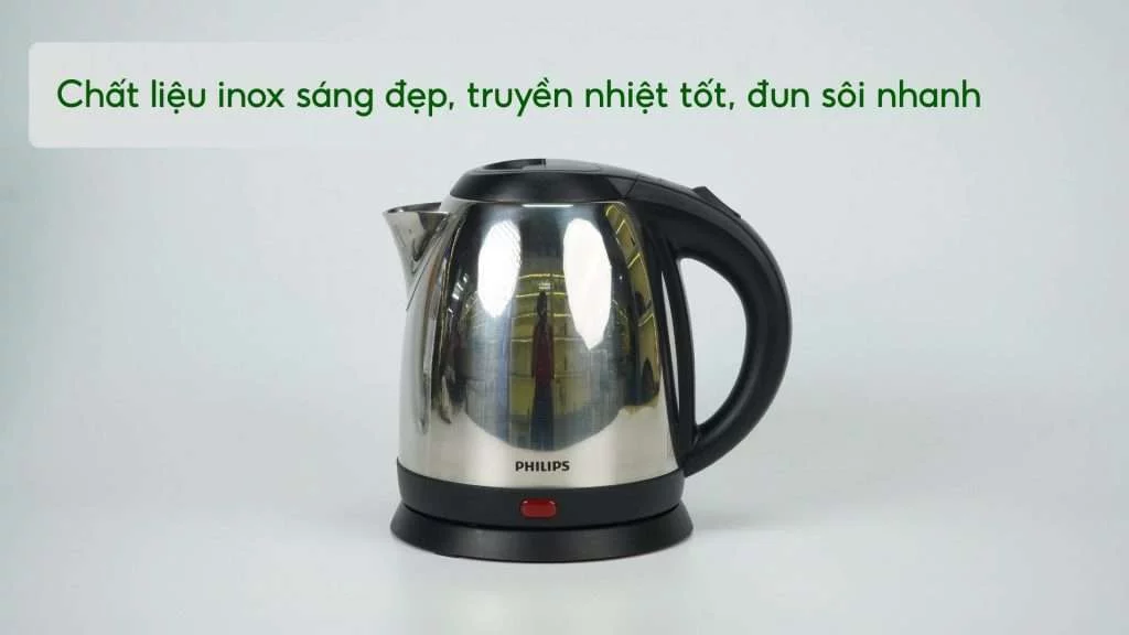 Bình đun PHILIPS HD9303_03 Bạc và đen Chất liệu inox sáng đẹp, truyền nhiệt tốt, đun sôi nhanh