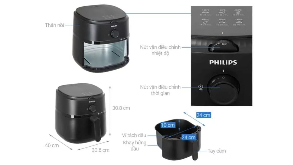 Nồi chiên không dầu PHILIPS NA130_00 - Chi tiết kích thước