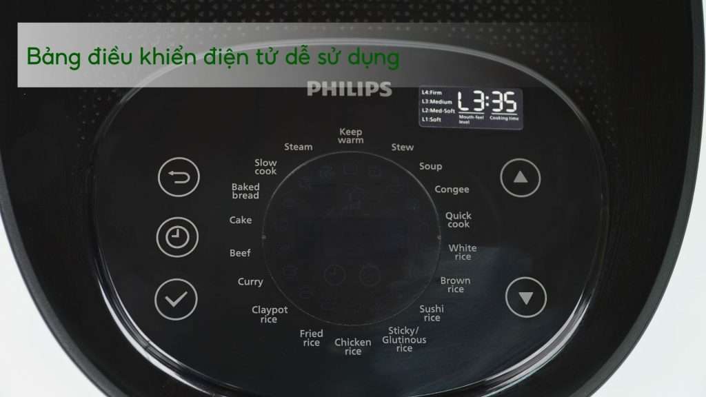 Nồi cơm điện tử PHILIPS HD4539_62_Đen viền đồng Bảng điều khiển điện tử dễ sử dụng