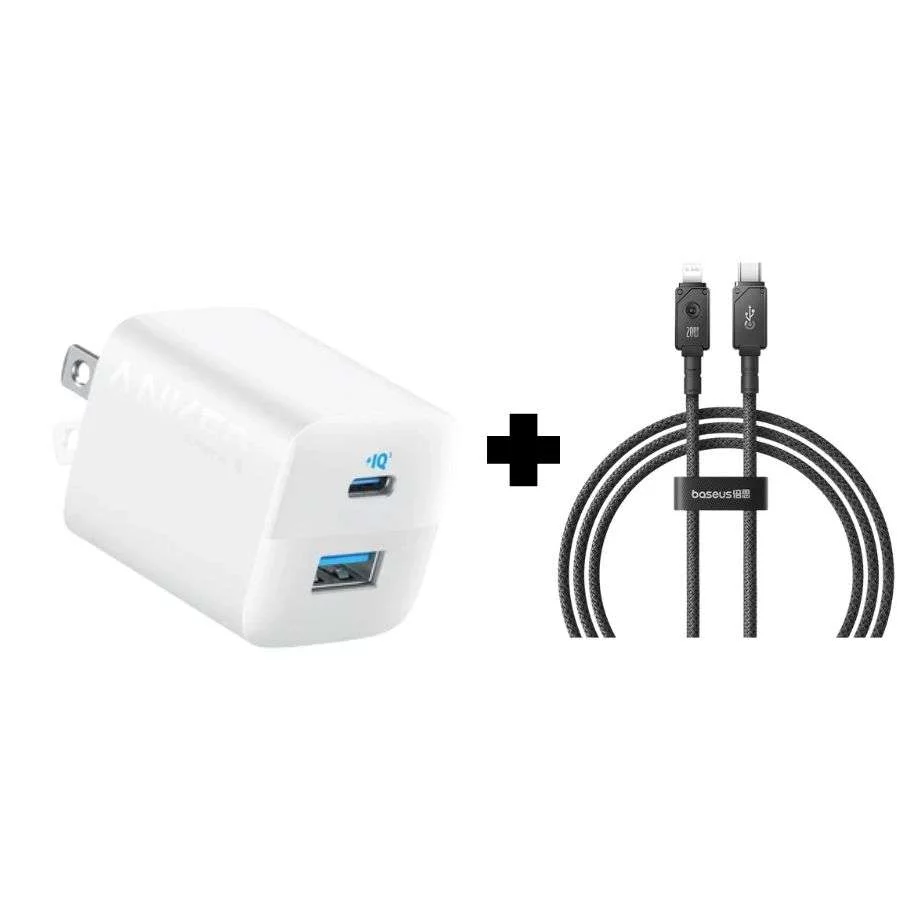 Củ sạc Anker 323 33W màu trắng + Cáp sạc Baseus Unbreakable Type-C to iP 20W 1m màu đen