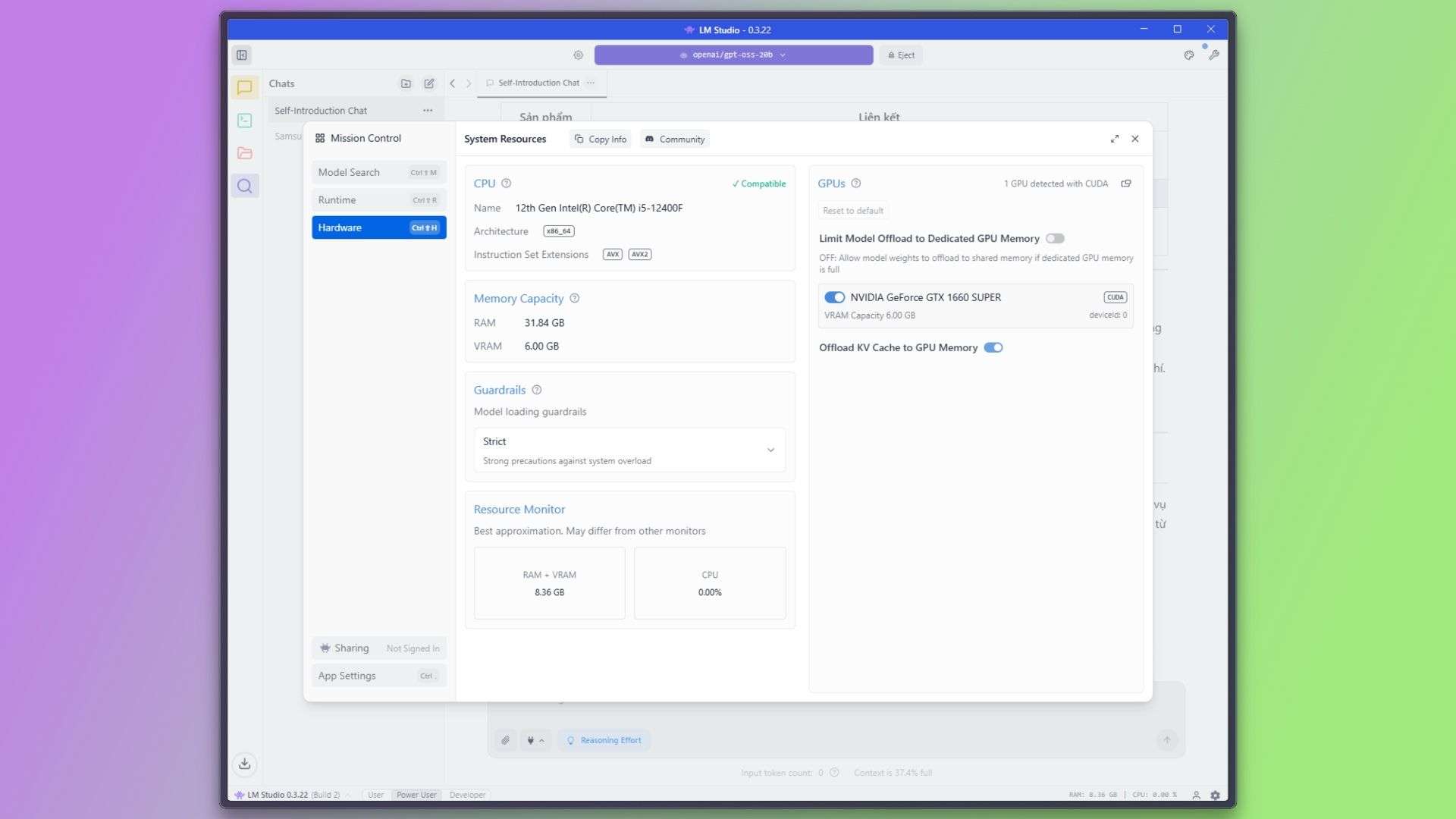 Cấu hình sử dụng để chạy GPT-OSS