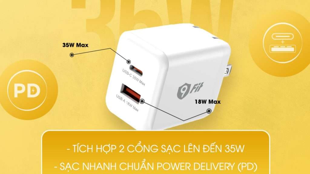 Củ sạc nhanh 9Fit GaN 1A1C 35W tích hợp 2 cổng