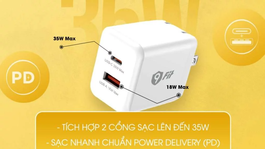 Củ sạc nhanh 9Fit GaN 1A1C 35W tích hợp 2 cổng