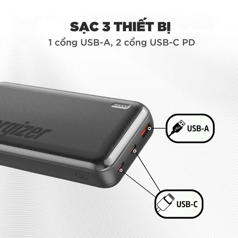 Pin Sạc dự phòng Polymer Energizer 20000mAh Đen sạc 3 thiết bị