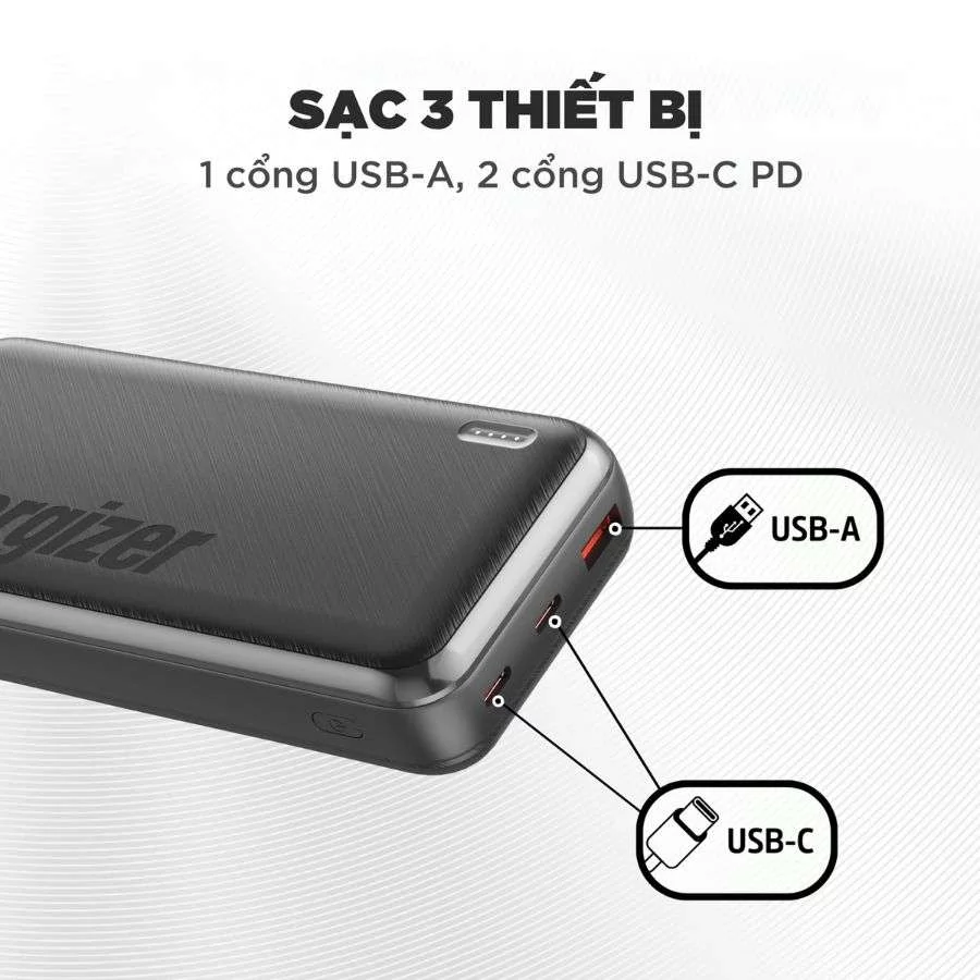 Pin Sạc dự phòng Polymer Energizer 20000mAh Đen sạc 3 thiết bị