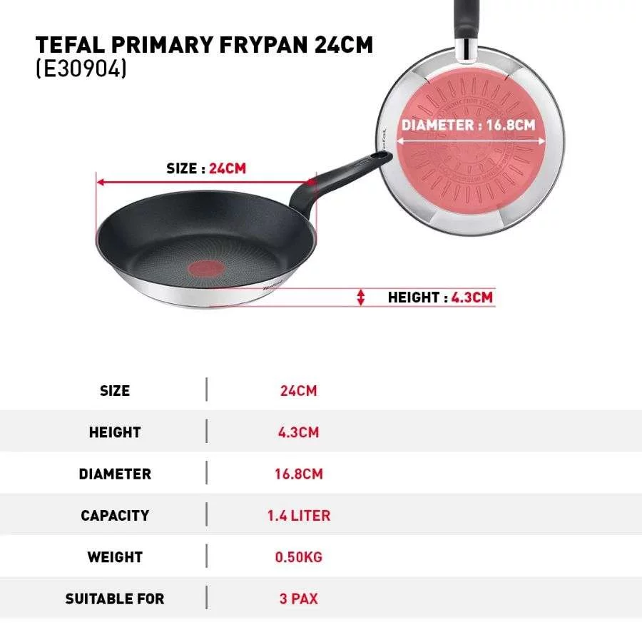 Chảo chiên Tefal Primary 24Cm E3090404 kích thước